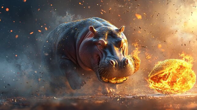 A hippopotamus ravenously devouring fast food with a backdrop of raging flames
