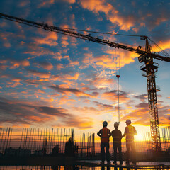 Group of construction workers in safety gear at a construction site. Colorful, stylized. Concept of teamwork and construction