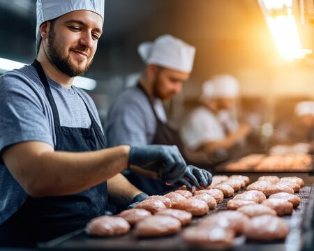 Chef preparing meat patties in a busy kitchen, focus on craftsmanship and teamwork.