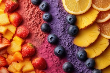  visually stunning arrangement of fruit powders spread across flat surface forms abstract, colorful pattern, creating an artistic display with vibrant hues and unique textures.