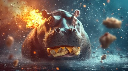 A ravenous hippopotamus frantically consuming fast food as it becomes engulfed by raging flames depicting a chaotic and perilous scenario of environmental crisis and survival instincts in overdrive