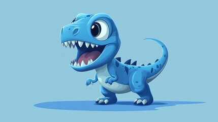 Fototapeta premium Cartoon blue dinosaur with big eyes standing on blue background.