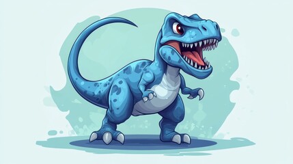 Blue cartoon dinosaur with sharp teeth and claws roaring in front of an abstract background. © B 7 YOU