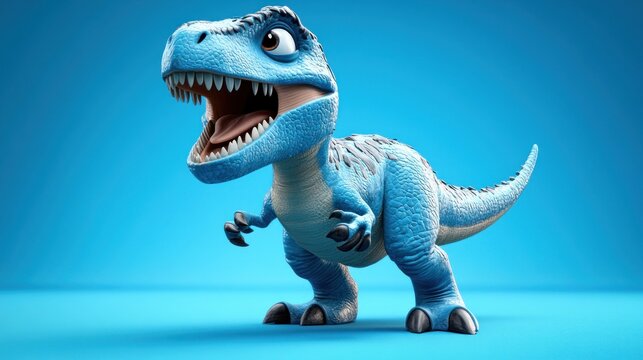Fototapeta A cute blue cartoon dinosaur stands on a blue background with its mouth open.