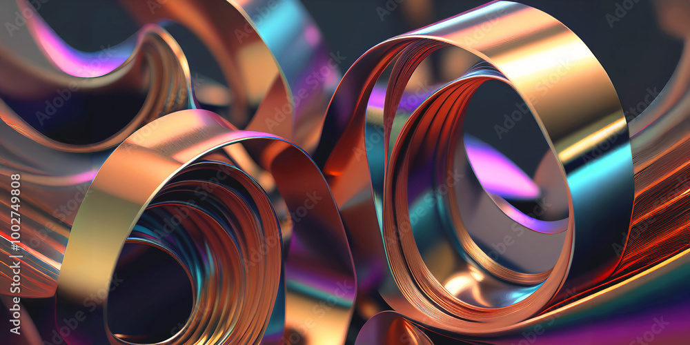 Poster abstract colorful metallic waves – a dynamic play of light and color on flowing metallic ribbons
