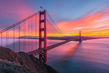 Obraz premium Iconic Golden Gate Bridge stretching across the bay, bathed in warm hues of a California sunset, highlighting the beauty of this famous travel destination.