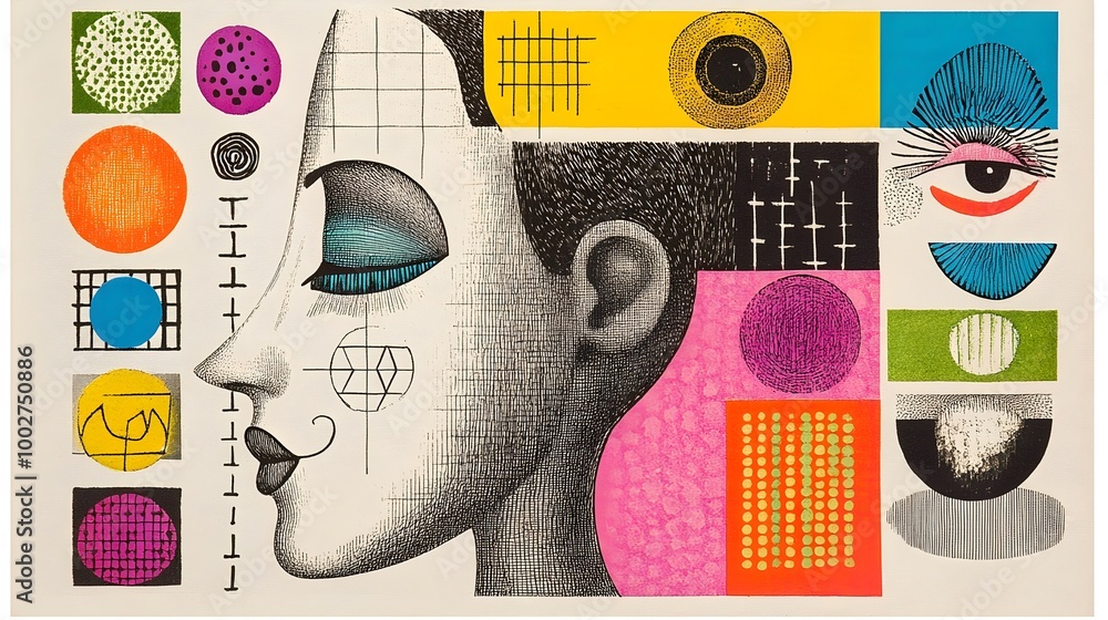 Poster vibrant abstract portrait composed of geometric shapes and patterns