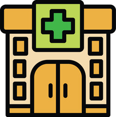 Hospital building with a green cross, representing healthcare and medical services