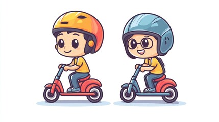 Two cartoon kids wearing helmets and riding scooters.