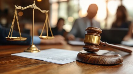 Gavel and scales symbolize justice in a legal office setting