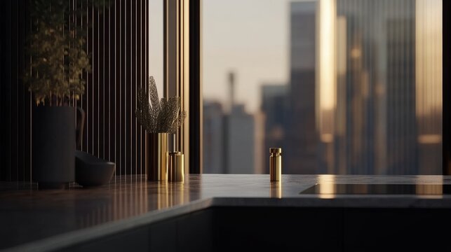 With its stylish black and white cabinets, golden fixtures, and marble floors, this kitchen exudes chic contemporary style.