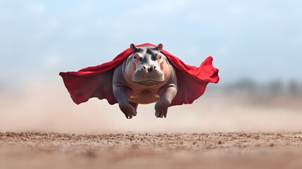 Majestic Hippo Wearing Superhero Cape Striking a Brave and Heroic Pose Conveying Strength Courage and Determination