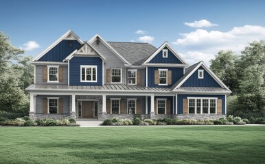 This luxury home exterior features green grass, blue skies, and trees in the background on a sunny day