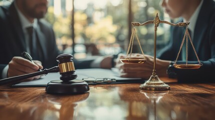 Gavel and scales symbolize justice in a legal office setting