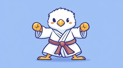 A cartoon chicken wearing a white karate gi with a brown belt, standing in a fighting pose.