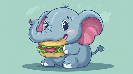 Obraz premium Cute cartoon elephant holding a hamburger.