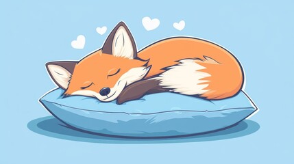 A cute cartoon fox curled up and sleeping on a blue pillow with white hearts in the background.