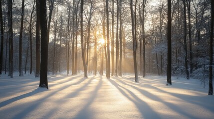 Naklejka premium The tranquil winter morning reveals a snowy forest where sunlight streams through tall trees, creating long shadows on the pristine white ground