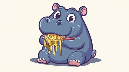 A cute cartoon hippopotamus eating noodles with chopsticks.