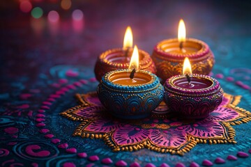 Colorful decorative oil lamps illuminate a dark purple backdrop, perfect for Diwali invitations, banners, and greeting cards celebrating the festival of lights.