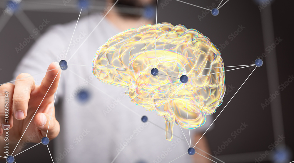 Poster 3d rendering of human brain on technology background