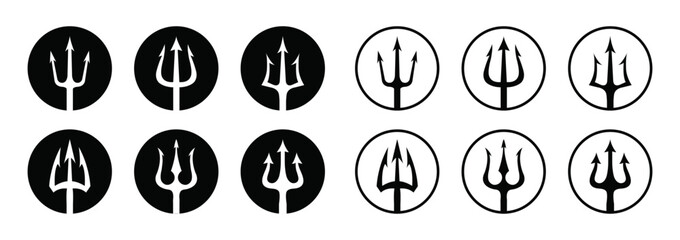 Trident vector icon set in circle logo flat and outline design isolated on white background. Vector black logo set of tridents in circle Triton, Neptune, Poseidon. Flat design. Vector illustration.