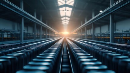 Naklejka premium Industrial warehouse interior with rows of cans and sunlight streaming in from the ceiling.