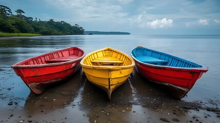 Fototapeta premium Colorful Boats on Tranquil Lakeside in Lush Tropical Landscape