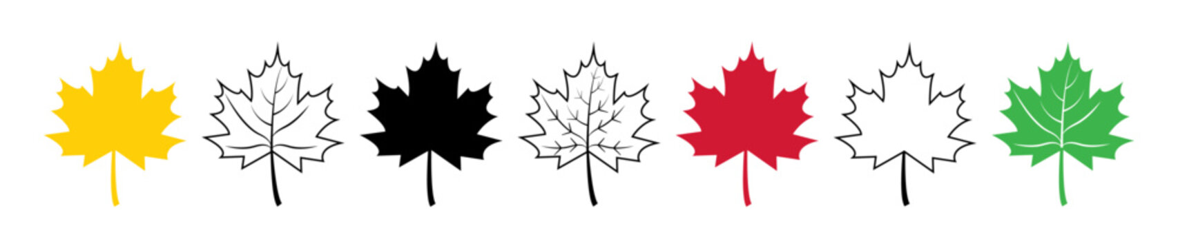 Set of flat maple leaf shape icons isolated on white background vector illustration. Maple leaf icon set in black, red, green and yellow color. Forest and wood signs symbol.