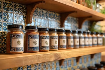 Obraz premium decorative spice rack filled with neatly labeled jars, with one jar prominently featuring ground cinnamon, highlighting the organization and beauty of a well-stocked kitchen.