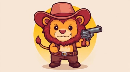 Fototapeta premium A cute cartoon lion wearing a cowboy hat and holding a gun.