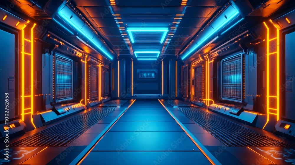 Aufkleber a futuristic corridor with glowing lights used as a background for a 3d rendering of a spaceship tun
