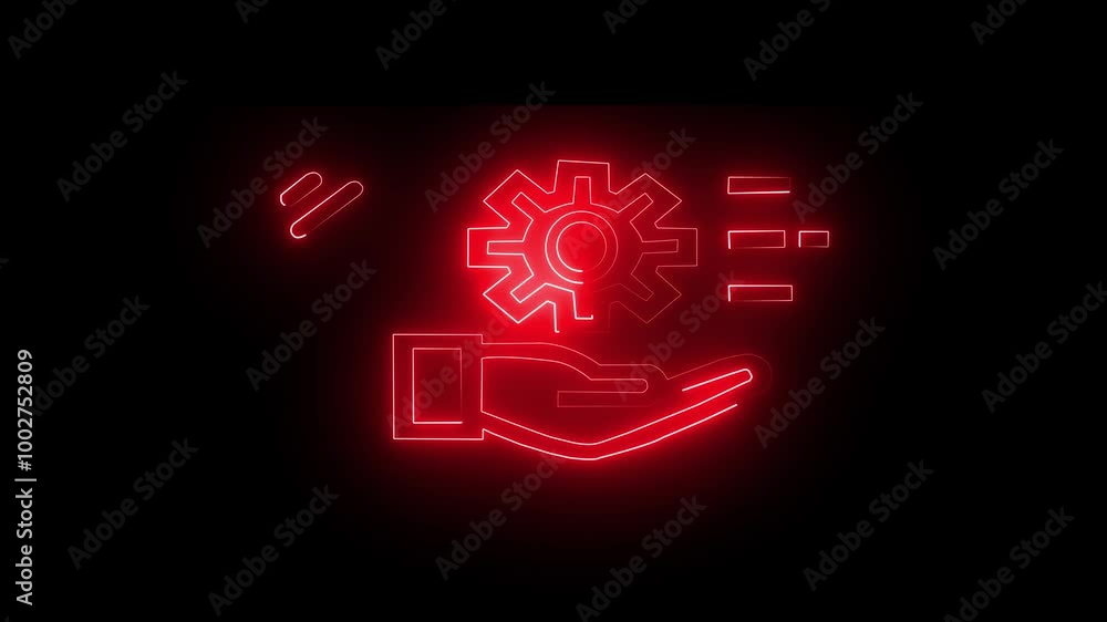 Poster neon settings and support icon vector, glowing red hand with gears for technical assistance and conf