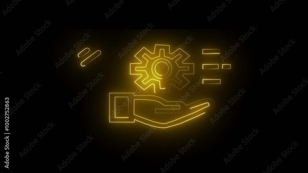 Aufkleber neon settings and support icon vector, glowing yellow hand with gears for technical assistance and c