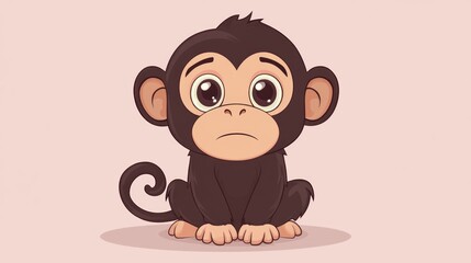 A cute cartoon monkey with big eyes and a sad expression sitting on a pink background.