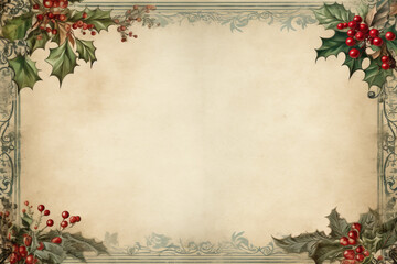Vintage Christmas greeting card with holly berry frame and pine tree decoration,Generated By Ai