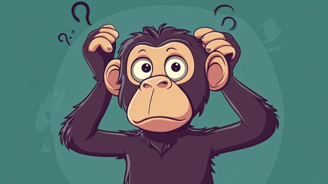 A cartoon chimpanzee looks confused while scratching his head with both hands, with question marks floating above him.
