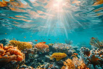 Obraz premium Vibrant Coral Reefs and Marine Life in Caribbean Waters with Sunlight Filtering Through