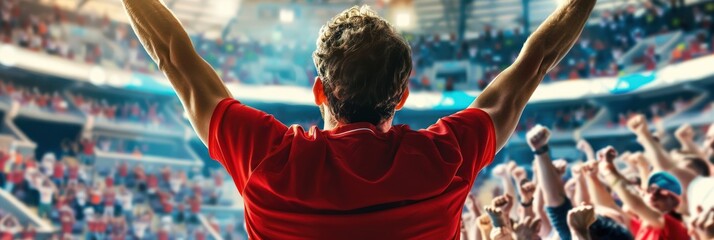 Vibrant soccer match scene captures player in red jersey raising arms in celebration as crowd cheers on. High-energy atmosphere filled with anticipation and excitement.