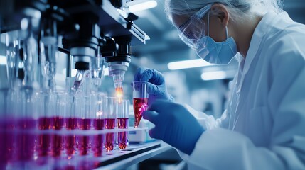 Scientist in a biological lab with advanced immunology research equipment, colorful test tubes, Biological lab, Immunology research