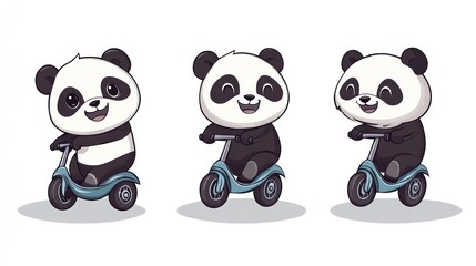 Naklejka premium Three cute cartoon pandas riding a scooter.
