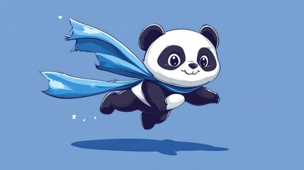 A cute panda flying in the air with a blue scarf.