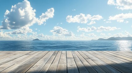 Fototapeta premium A wooden deck without railings, facing a vast ocean