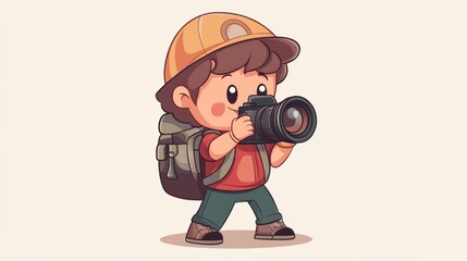 A cartoon boy wearing a yellow hat and backpack, holding a camera.