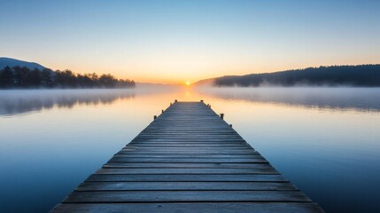 Obraz premium This is a straight flat simplistic rectangular lake dock with beautiful sunrise and fog, with calm water. Nature relax wallpaper.