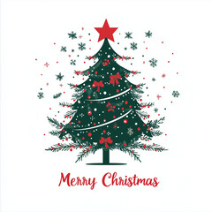 Fototapeta premium Festive Christmas greeting design with a stylized tree, red script 'Merry Christmas', holly leaves, berries, and snowflakes. Perfect for holiday cards, decorations, and New Year celebrations.