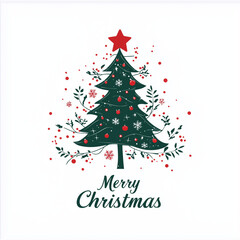 Fototapeta premium Festive Christmas greeting design with a stylized tree, red script 'Merry Christmas', holly leaves, berries, and snowflakes. Perfect for holiday cards, decorations, and New Year celebrations.