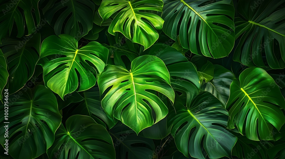 Sticker Lush green monstera leaves creating a tropical ambience in a warm indoor space during daylight hours