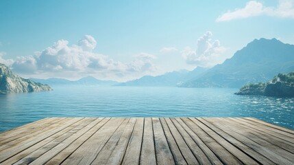 Naklejka premium A wooden viewing platform without barriers, looking out over a vast ocean