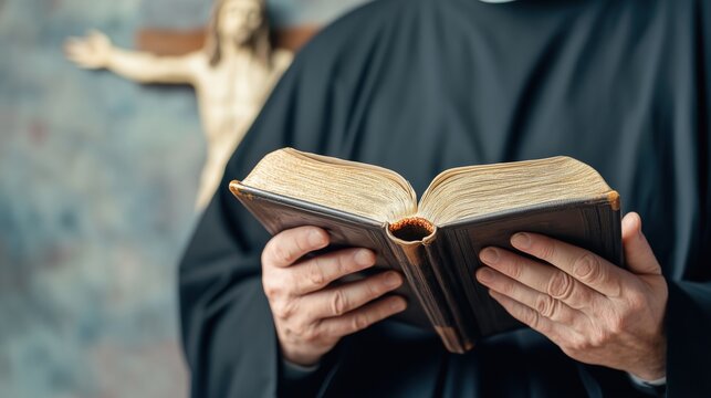 Priest Reading Ancient Bible, Lighted Christ Statue Background
